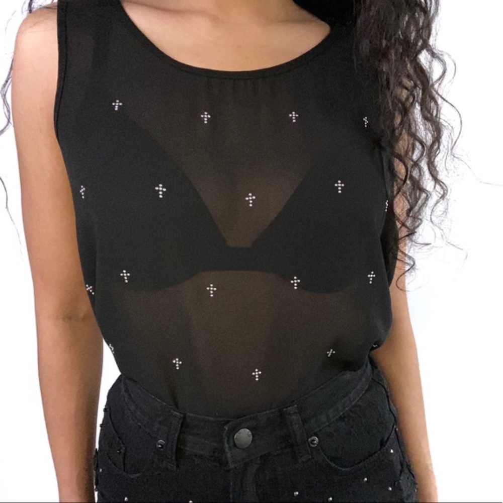 Black Tank Top with Cross Embellishments Size S